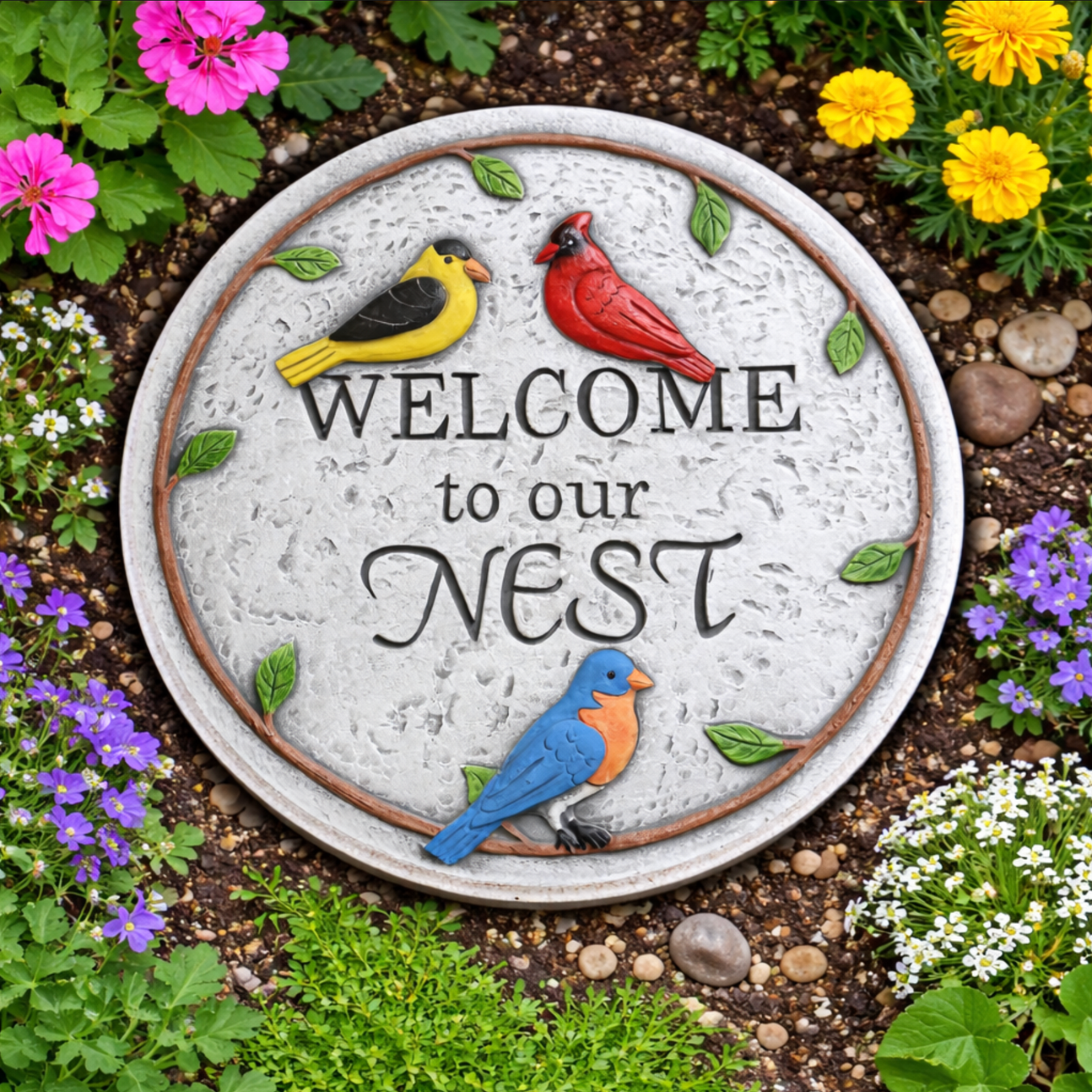 Decorative plaque with birds and 'Welcome to our Nest' laying in a beautiful colorful garden space with greenery and pink, purple, yellow, and white flowers 