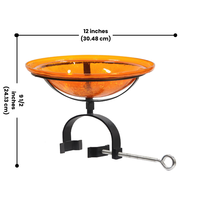 Glass bird bath with a solar-powered bubbler, featuring a 12-inch diameter and 4-inch deep bowl. A perfect addition to your deck, offering fresh water for birds and a dynamic fountain effect