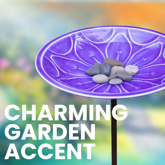 Beautifully crafted purple birdbath with a delicate flower design, standing 39 inches tall on a sturdy bronze-finished wrought iron stake. UV-protected coating ensures the vibrant color lasts in all weather conditions