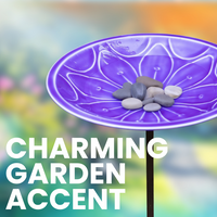 Beautifully crafted purple birdbath with a delicate flower design, standing 39 inches tall on a sturdy bronze-finished wrought iron stake. UV-protected coating ensures the vibrant color lasts in all weather conditions