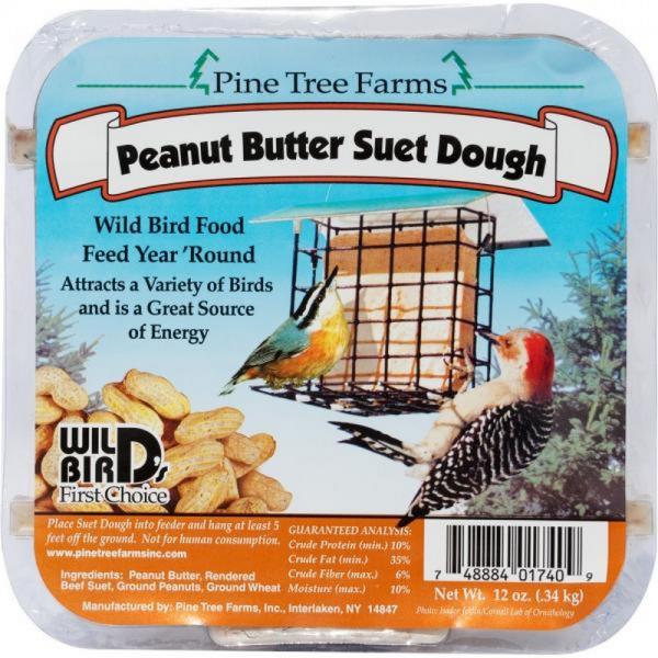 Pine Tree Farms Peanut Butter Suet Dough packaging with birds and a suet cake on the label.