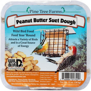 Pine Tree Farms Peanut Butter Suet Dough packaging with birds and a suet cake on the label.