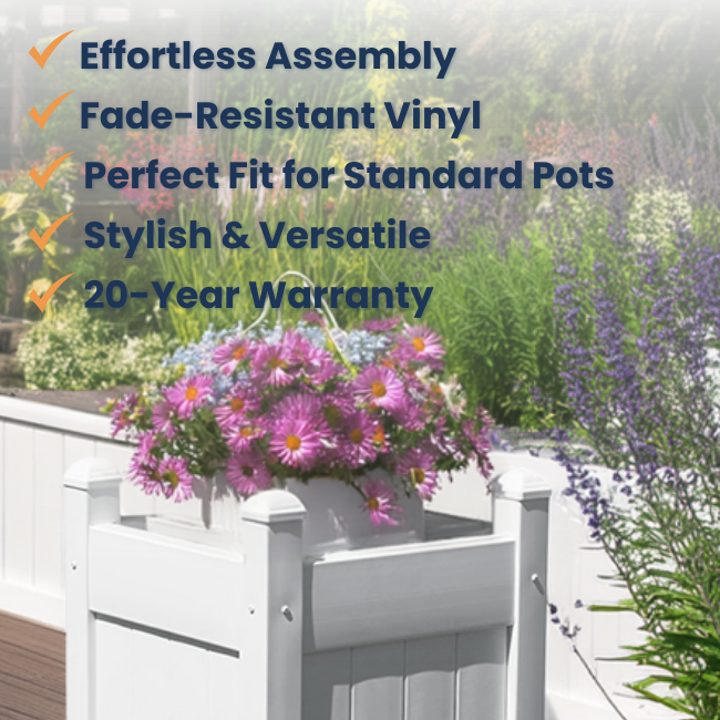 16" White Vinyl Planter Box – Durable, UV-stabilized, and weather-resistant for patios, decks, and gardens. Classic slatted design with pyramidal caps. Tool-free assembly, fits 12" pots or direct planting. Low-maintenance and built to last.