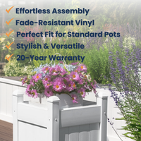 16" White Vinyl Planter Box – Durable, UV-stabilized, and weather-resistant for patios, decks, and gardens. Classic slatted design with pyramidal caps. Tool-free assembly, fits 12" pots or direct planting. Low-maintenance and built to last.