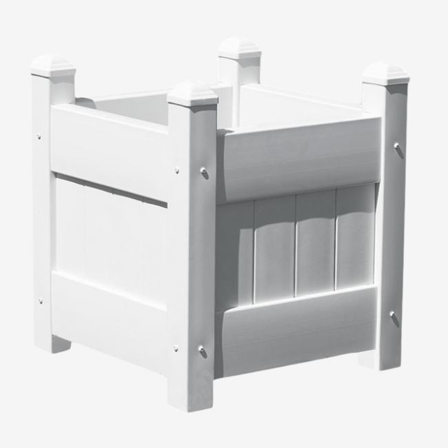 16" White Vinyl Planter Box – Durable, UV-stabilized, and weather-resistant for patios, decks, and gardens. Classic slatted design with pyramidal caps. Tool-free assembly, fits 12" pots or direct planting. Low-maintenance and built to last.