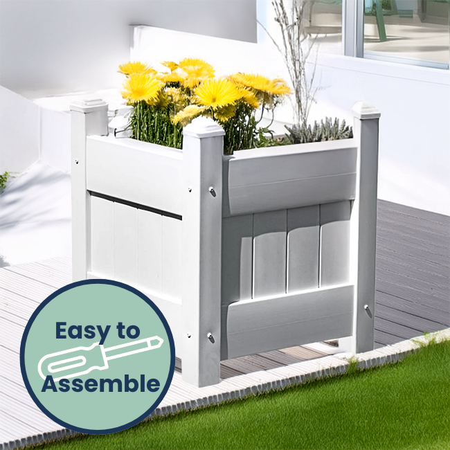 16" White Vinyl Planter Box – Durable, UV-stabilized, and weather-resistant for patios, decks, and gardens. Classic slatted design with pyramidal caps. Tool-free assembly, fits 12" pots or direct planting. Low-maintenance and built to last.