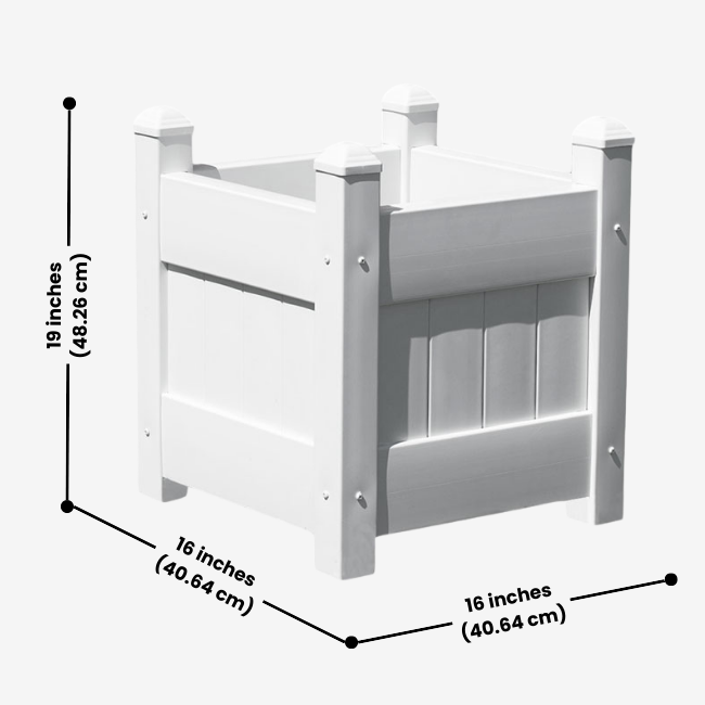 16" White Vinyl Planter Box – Durable, UV-stabilized, and weather-resistant for patios, decks, and gardens. Classic slatted design with pyramidal caps. Tool-free assembly, fits 12" pots or direct planting. Low-maintenance and built to last.