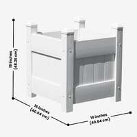 16" White Vinyl Planter Box – Durable, UV-stabilized, and weather-resistant for patios, decks, and gardens. Classic slatted design with pyramidal caps. Tool-free assembly, fits 12" pots or direct planting. Low-maintenance and built to last.