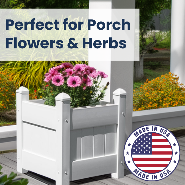 16" White Vinyl Planter Box – Durable, UV-stabilized, and weather-resistant for patios, decks, and gardens. Classic slatted design with pyramidal caps. Tool-free assembly, fits 12" pots or direct planting. Low-maintenance and built to last.