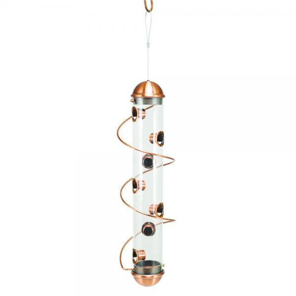Clear spiral bird feeder with copper accents on a white background