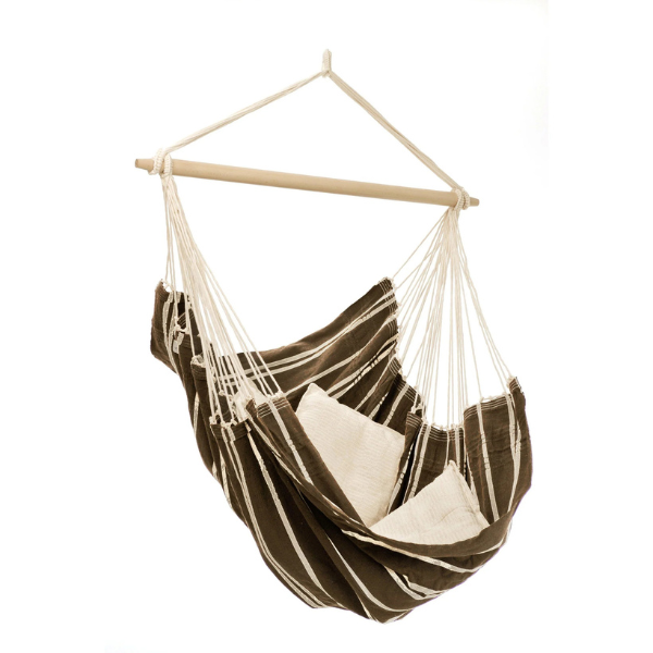 Brown and white striped hammock chair with wooden stand on a white background