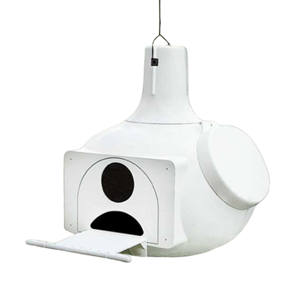 Modern white hanging chair with black accents on a white background