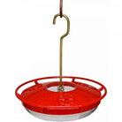Red bird feeder with a gold hook on a white background