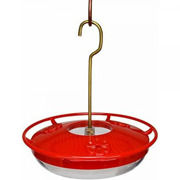 Red bird feeder with a gold hook on a white background