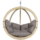 Hanging chair with wooden frame and brown cushions on a white background