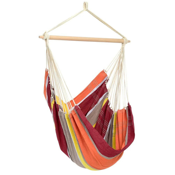 Colorful hammock chair with wooden frame on a white background