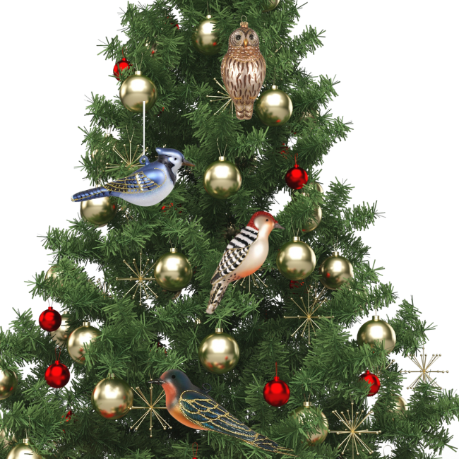 Decorative Christmas tree with bird ornaments on a white background