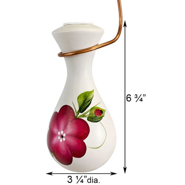 White ceramic vase with floral design and measurements on a white background