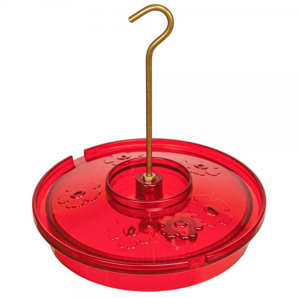 Red hummingbird feeder with a gold hook on a white background