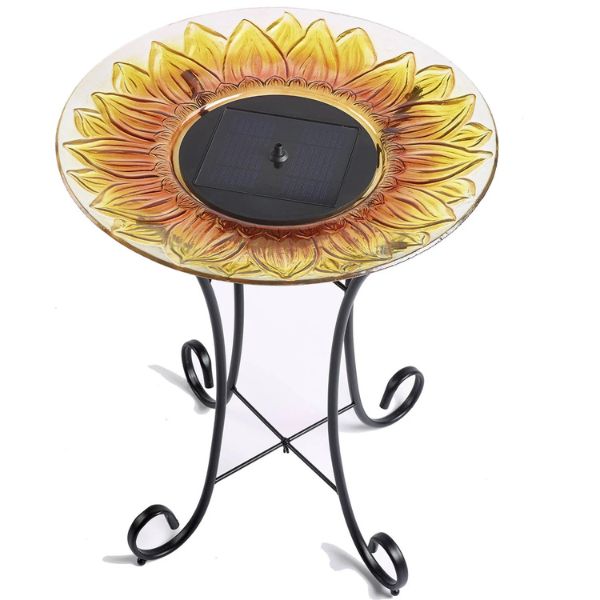 Solar-powered bird bath with sunflower design on a white background