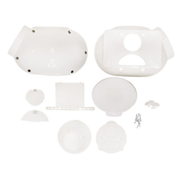 Set of white plastic components on a white background