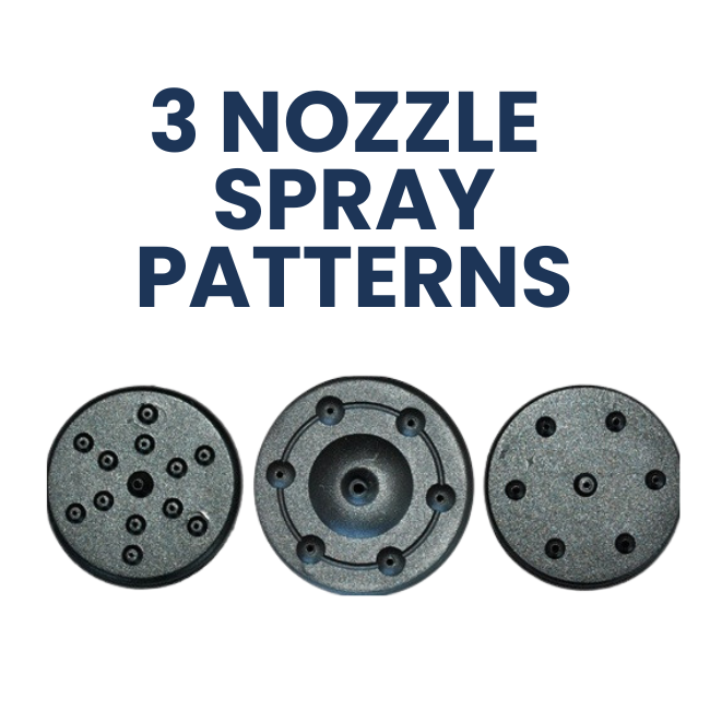 Close-up of the 3 nozzle spray patterns for the solar fountain pump. These spray heads offer adjustable flow options, perfect for creating different water effects in birdbaths and attracting a variety of birds with moving water