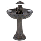 Decorative outdoor fountain with statues under an umbrella on a white background