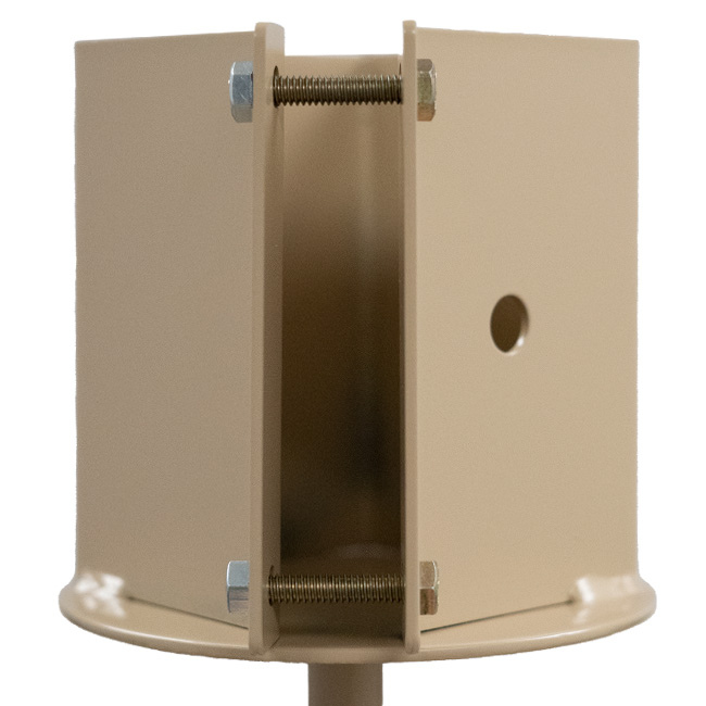 4x4 Post Steel Ground Socket – Heavy-duty steel anchor for birdhouses, feeders, signs, and outdoor décor. 20" deep shaft with a spiral auger for stability. Secure grip with dual threaded rods or bolt-through mounting. Durable tan powder-coated finish blends with outdoor spaces. Made in the USA.