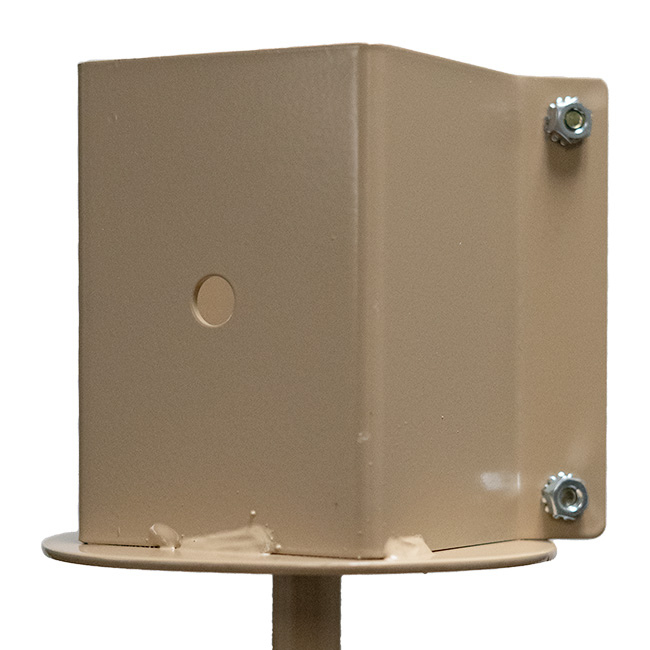 4x4 Post Steel Ground Socket – Heavy-duty steel anchor for birdhouses, feeders, signs, and outdoor décor. 20" deep shaft with a spiral auger for stability. Secure grip with dual threaded rods or bolt-through mounting. Durable tan powder-coated finish blends with outdoor spaces. Made in the USA.
