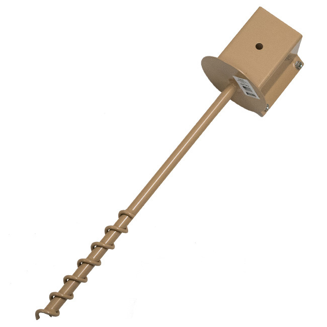 4x4 Post Steel Ground Socket – Heavy-duty steel anchor for birdhouses, feeders, signs, and outdoor décor. 20" deep shaft with a spiral auger for stability. Secure grip with dual threaded rods or bolt-through mounting. Durable tan powder-coated finish blends with outdoor spaces. Made in the USA.