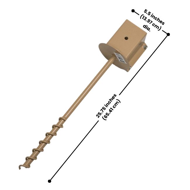 4x4 Post Steel Ground Socket – Heavy-duty steel anchor for birdhouses, feeders, signs, and outdoor décor. 20" deep shaft with a spiral auger for stability. Secure grip with dual threaded rods or bolt-through mounting. Durable tan powder-coated finish blends with outdoor spaces. Made in the USA.