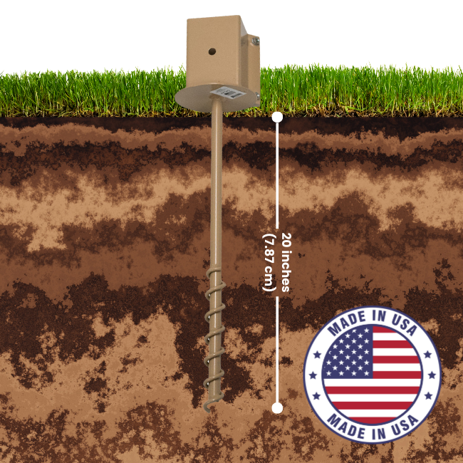 4x4 Post Steel Ground Socket – Heavy-duty steel anchor for birdhouses, feeders, signs, and outdoor décor. 20" deep shaft with a spiral auger for stability. Secure grip with dual threaded rods or bolt-through mounting. Durable tan powder-coated finish blends with outdoor spaces. Made in the USA.