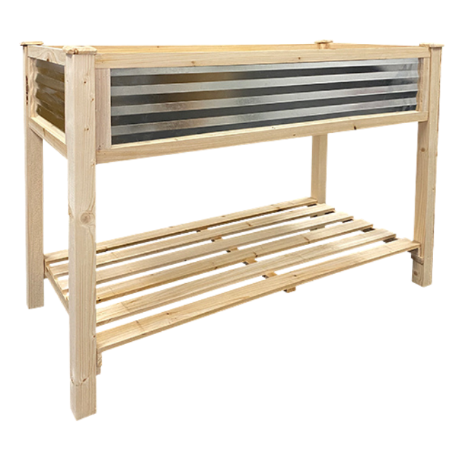 4ft Raised Planter – Cedar & Galvanized Steel – Stylish and durable elevated garden bed for herbs, flowers, and vegetables. Weather-resistant cedar frame with corrugated galvanized steel panels for a modern, rustic look. Spacious 4.86 cu. ft. planting bed with included fabric liner. Lower slatted shelf provides 8 sq. ft. of storage. Easy assembly with Phillips-head screws. Measures 48"L x 22"W x 33.5"H. Perfect for patios, decks, and backyards.