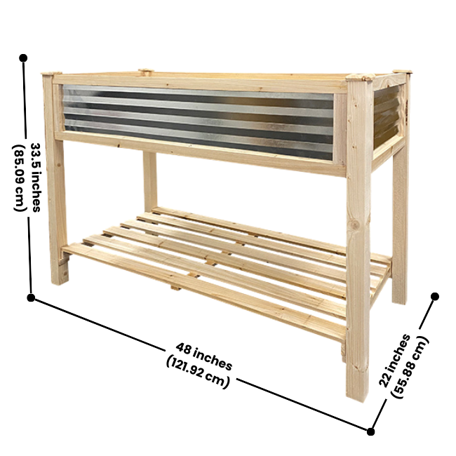 4ft Raised Planter – Cedar & Galvanized Steel – Stylish and durable elevated garden bed for herbs, flowers, and vegetables. Weather-resistant cedar frame with corrugated galvanized steel panels for a modern, rustic look. Spacious 4.86 cu. ft. planting bed with included fabric liner. Lower slatted shelf provides 8 sq. ft. of storage. Easy assembly with Phillips-head screws. Measures 48"L x 22"W x 33.5"H. Perfect for patios, decks, and backyards.