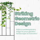 64" Contemporary Black Metal Trellis – Sleek, geometric design with staggered rectangles for modern elegance. Durable steel construction with a matte black powder-coated finish for weather resistance. Open grid supports climbing plants and vines. Easy installation with dual 11.5" ground stakes. Measures 24"W x 64"H. Perfect for adding structure and style to any garden.