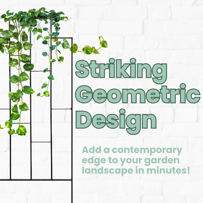 64" Contemporary Black Metal Trellis – Sleek, geometric design with staggered rectangles for modern elegance. Durable steel construction with a matte black powder-coated finish for weather resistance. Open grid supports climbing plants and vines. Easy installation with dual 11.5" ground stakes. Measures 24"W x 64"H. Perfect for adding structure and style to any garden.