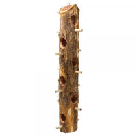 Wooden bird perch with holes on a white background