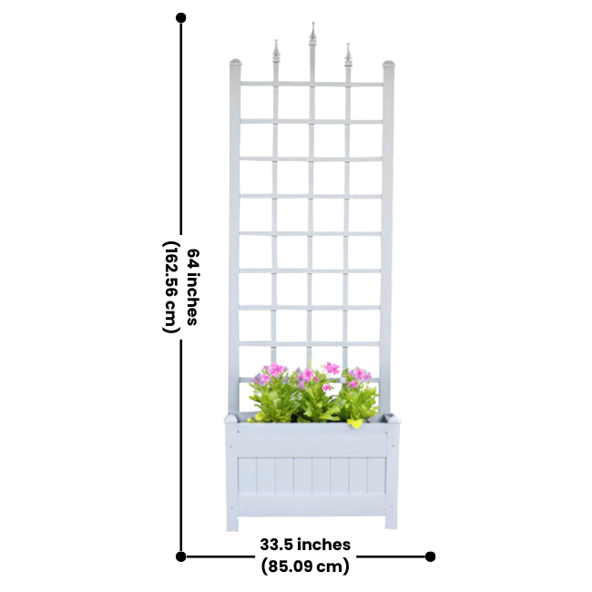 White Camelot Planter Trellis Set (2-Pack) – Create an elegant entryway with these durable, weather-resistant vinyl planters with attached trellises. Classic paneled bases and decorative lattice structures support climbing plants while adding height and charm. UV-protected, fade-resistant, and maintenance-free. Easy assembly. Each measures 28"W x 16"D x 80"H. Made in the USA with a 20-year warranty. Perfect for gardens, patios, and doorways.