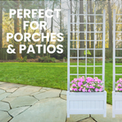 White Camelot Planter Trellis Set (2-Pack) – Create an elegant entryway with these durable, weather-resistant vinyl planters with attached trellises. Classic paneled bases and decorative lattice structures support climbing plants while adding height and charm. UV-protected, fade-resistant, and maintenance-free. Easy assembly. Each measures 28"W x 16"D x 80"H. Made in the USA with a 20-year warranty. Perfect for gardens, patios, and doorways.