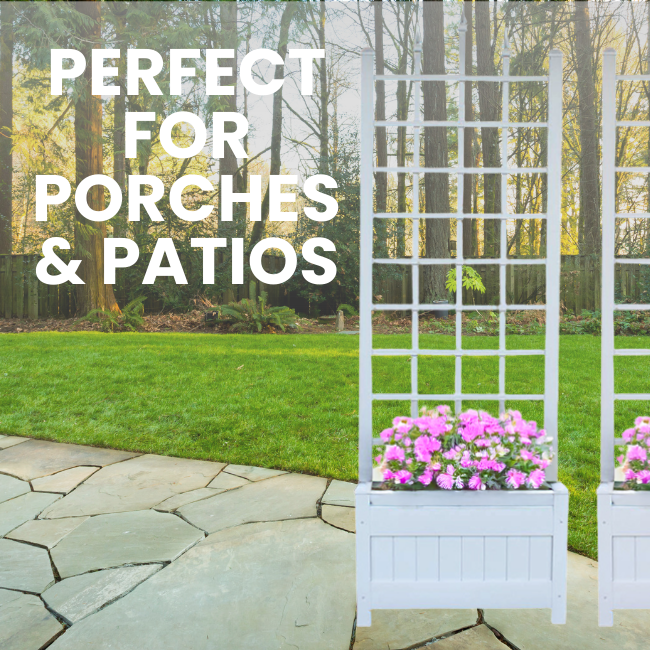 White Camelot Planter Trellis Set (2-Pack) – Create an elegant entryway with these durable, weather-resistant vinyl planters with attached trellises. Classic paneled bases and decorative lattice structures support climbing plants while adding height and charm. UV-protected, fade-resistant, and maintenance-free. Easy assembly. Each measures 28"W x 16"D x 80"H. Made in the USA with a 20-year warranty. Perfect for gardens, patios, and doorways.