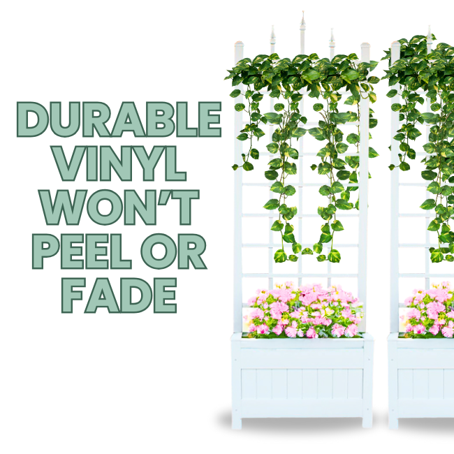 White Camelot Planter Trellis Set (2-Pack) – Create an elegant entryway with these durable, weather-resistant vinyl planters with attached trellises. Classic paneled bases and decorative lattice structures support climbing plants while adding height and charm. UV-protected, fade-resistant, and maintenance-free. Easy assembly. Each measures 28"W x 16"D x 80"H. Made in the USA with a 20-year warranty. Perfect for gardens, patios, and doorways.