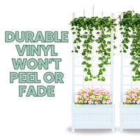 White Camelot Planter Trellis Set (2-Pack) – Create an elegant entryway with these durable, weather-resistant vinyl planters with attached trellises. Classic paneled bases and decorative lattice structures support climbing plants while adding height and charm. UV-protected, fade-resistant, and maintenance-free. Easy assembly. Each measures 28"W x 16"D x 80"H. Made in the USA with a 20-year warranty. Perfect for gardens, patios, and doorways.
