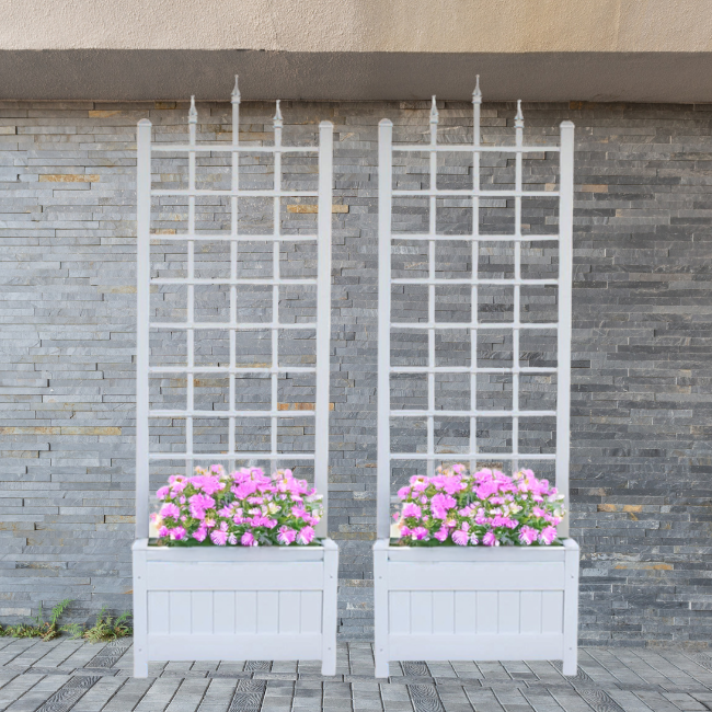 White Camelot Planter Trellis Set (2-Pack) – Create an elegant entryway with these durable, weather-resistant vinyl planters with attached trellises. Classic paneled bases and decorative lattice structures support climbing plants while adding height and charm. UV-protected, fade-resistant, and maintenance-free. Easy assembly. Each measures 28"W x 16"D x 80"H. Made in the USA with a 20-year warranty. Perfect for gardens, patios, and doorways.