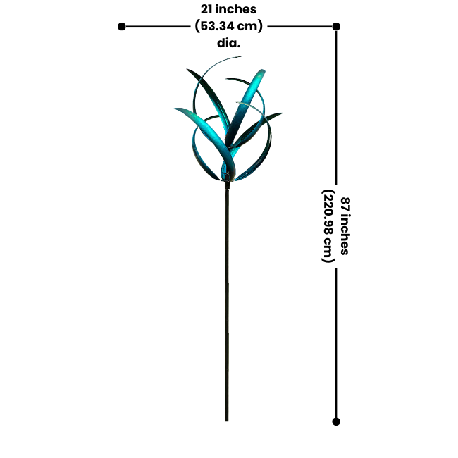 Marshall Caribbean Kinetic Cheyenne Wind Spinner – Dual-level, curved blades in emerald green and deep aqua create a mesmerizing motion. Sealed ball bearings ensure smooth spinning. Sturdy steel pole with black powder-coated finish and stabilizing feet for secure installation. 21" dia. x 87"H. Perfect for adding vibrant movement to any garden.