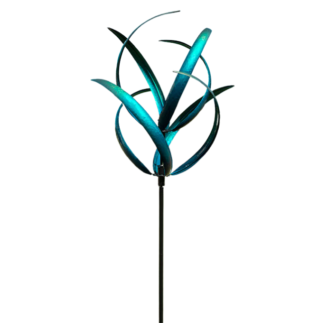 Marshall Caribbean Kinetic Cheyenne Wind Spinner – Dual-level, curved blades in emerald green and deep aqua create a mesmerizing motion. Sealed ball bearings ensure smooth spinning. Sturdy steel pole with black powder-coated finish and stabilizing feet for secure installation. 21" dia. x 87"H. Perfect for adding vibrant movement to any garden.