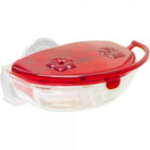 Clear container with a red lid featuring a floral design on a white background