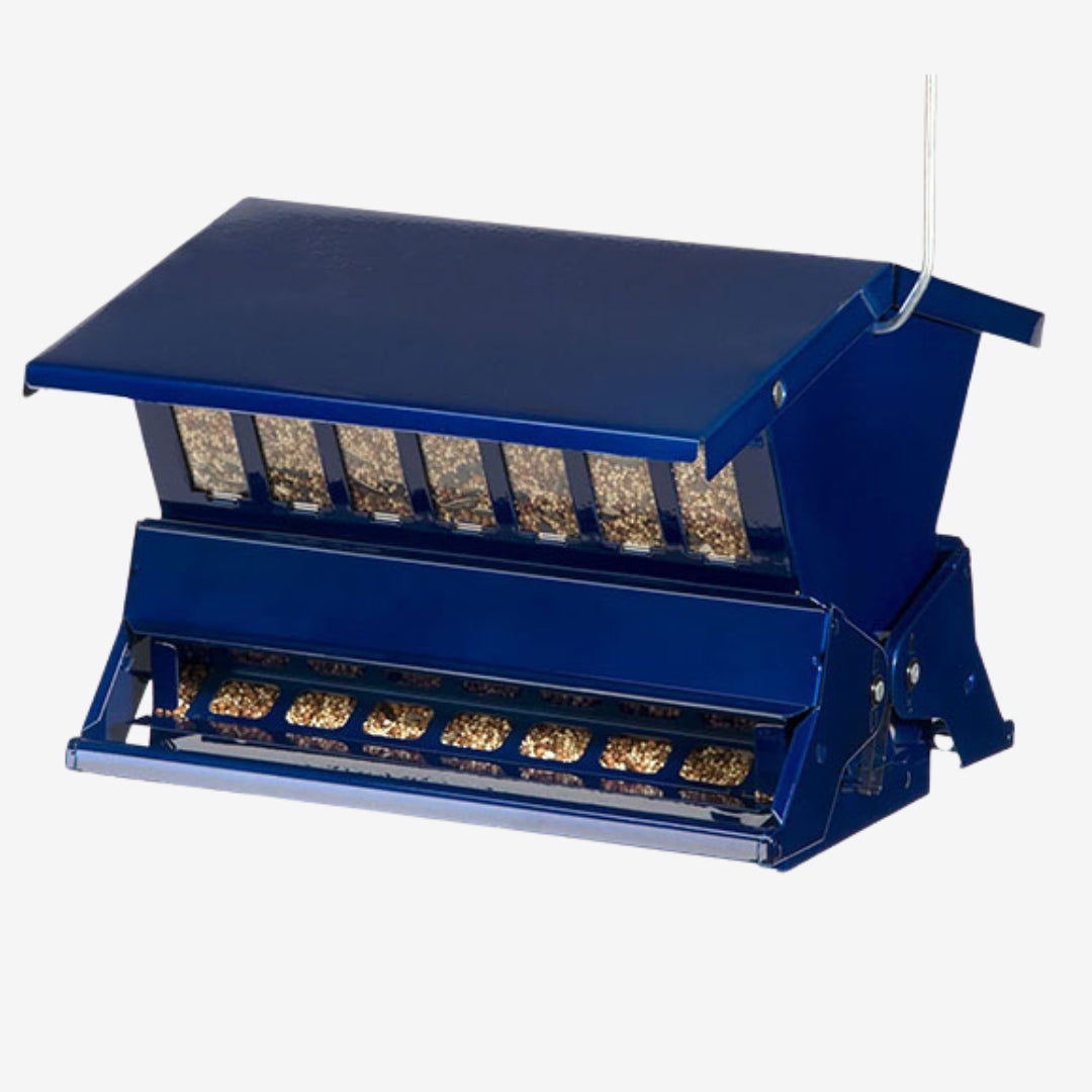 Absolute II Double Sided Bird Feeder in Electric Blue, featuring a durable, squirrel-resistant design for hassle-free birdwatching