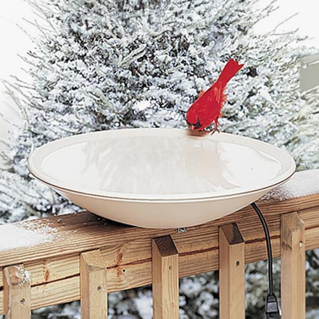 Heated bird bath with a sturdy deck mount, perfect for winter bird care by Allied Precision