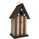 Wooden birdhouse with American flag design on a white background