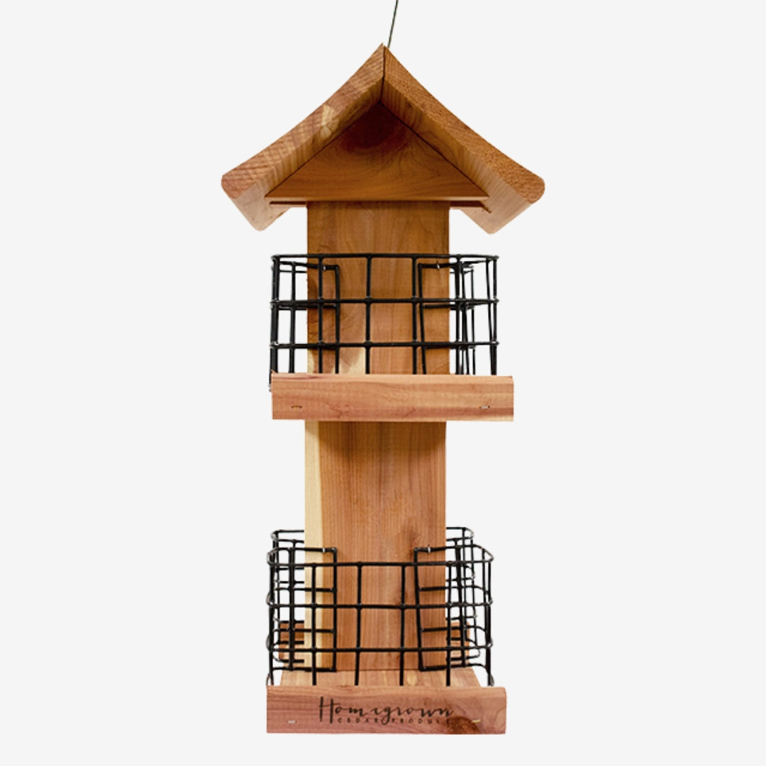 Amish Made Cedar Suet Tower – A premium cedar construction designed to hold four suet cakes for extended birdwatching enjoyment